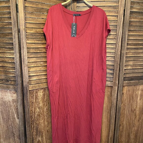 Yala Sloane V-Neck Cap Sleeve Bamboo Maxi Dress with Pockets Rosewood - Picture 1 of 2